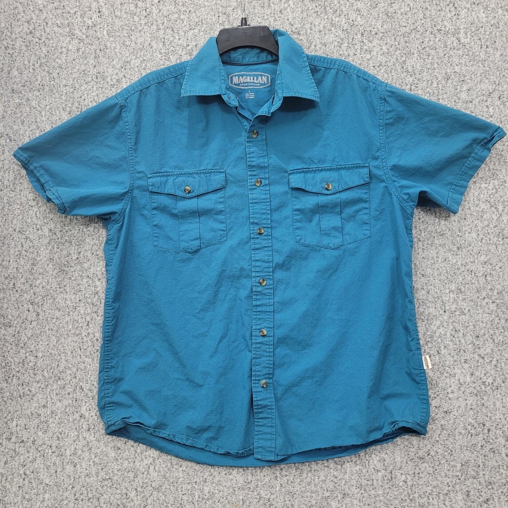 Magellan Sportswear Men Large Teal Blue Ripstop Cotton Short Sleeve Button Shirt